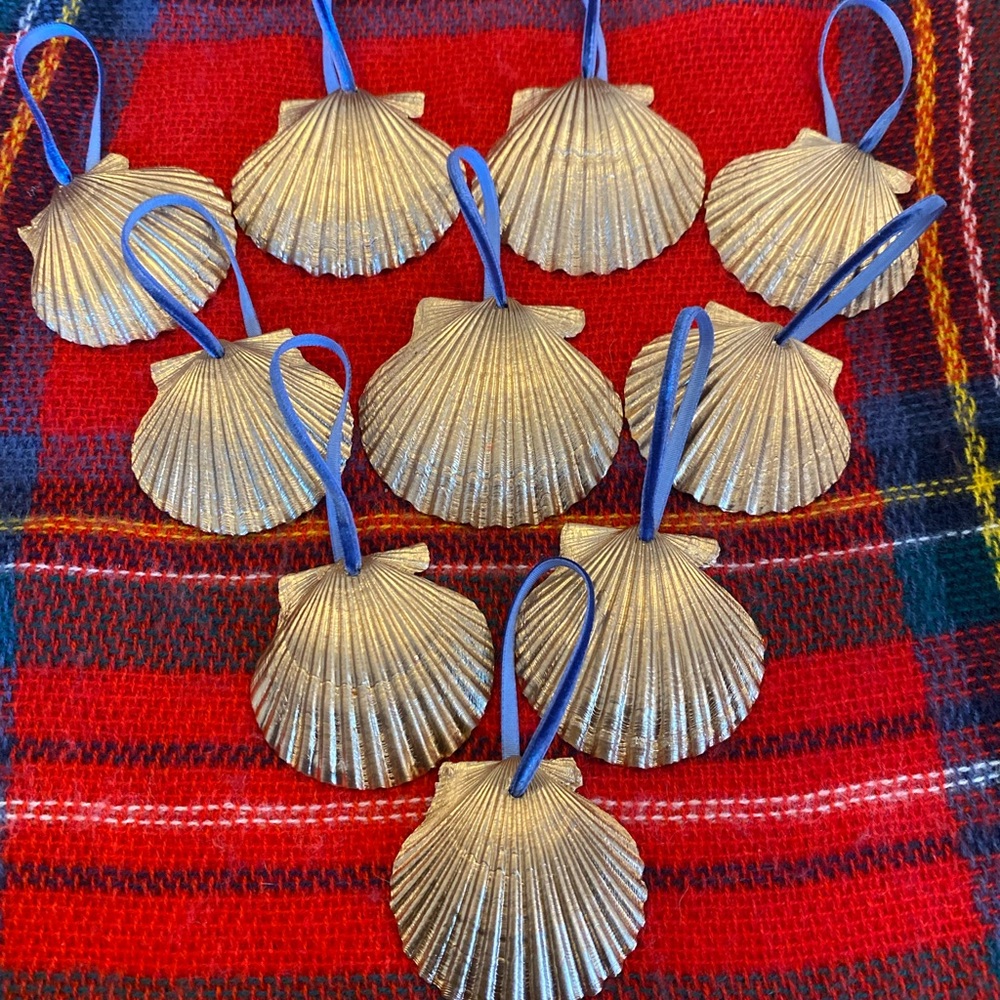 Lot of 10 Gold Shell Ornaments with Blue Velvet Ribbon